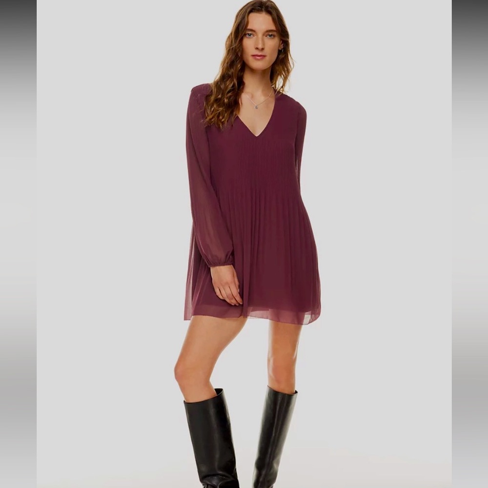 ARITZIA WILFRED DAYDREAMER V NECK DRESS SPICED BURGUNDY SIZE SMALL PLEATED